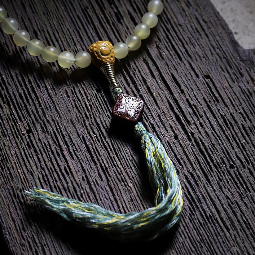 Guardian Yak Bone and Amber Blessing 108 Mala Beads Necklace